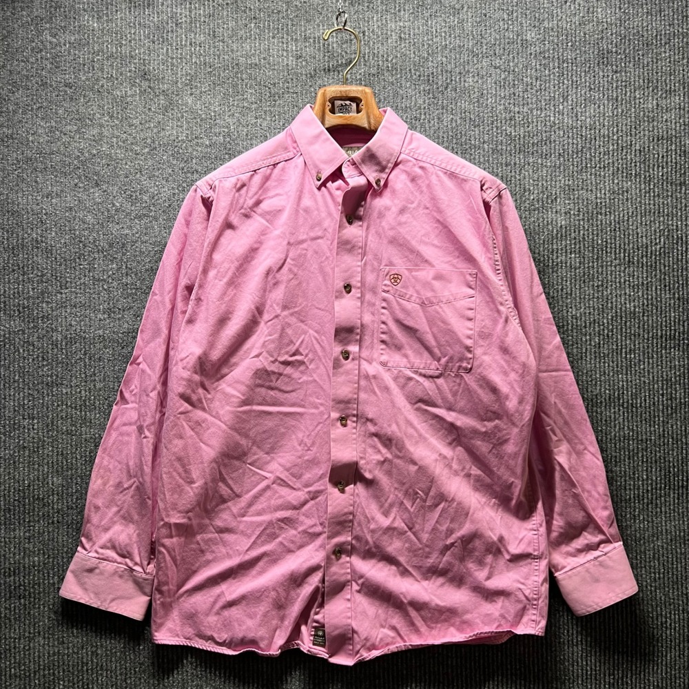 Ariat Button Down Shirt Mens Medium Pink Cotton Twill Long Sleeve Western‎ Logo